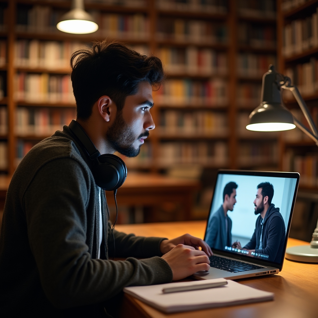 Persoană urmărind un curs video despre comunicare asertivă pe laptop, într-o bibliotecă