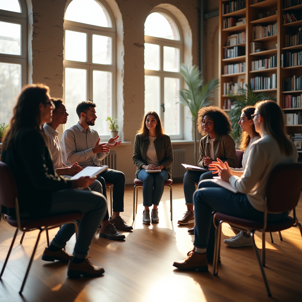 Grup de profesioniști participând la un atelier despre comunicare, așezați în cerc